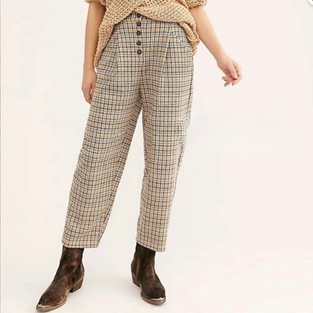 Free People Plaid Wide-Leg Pants in Beige and Blue